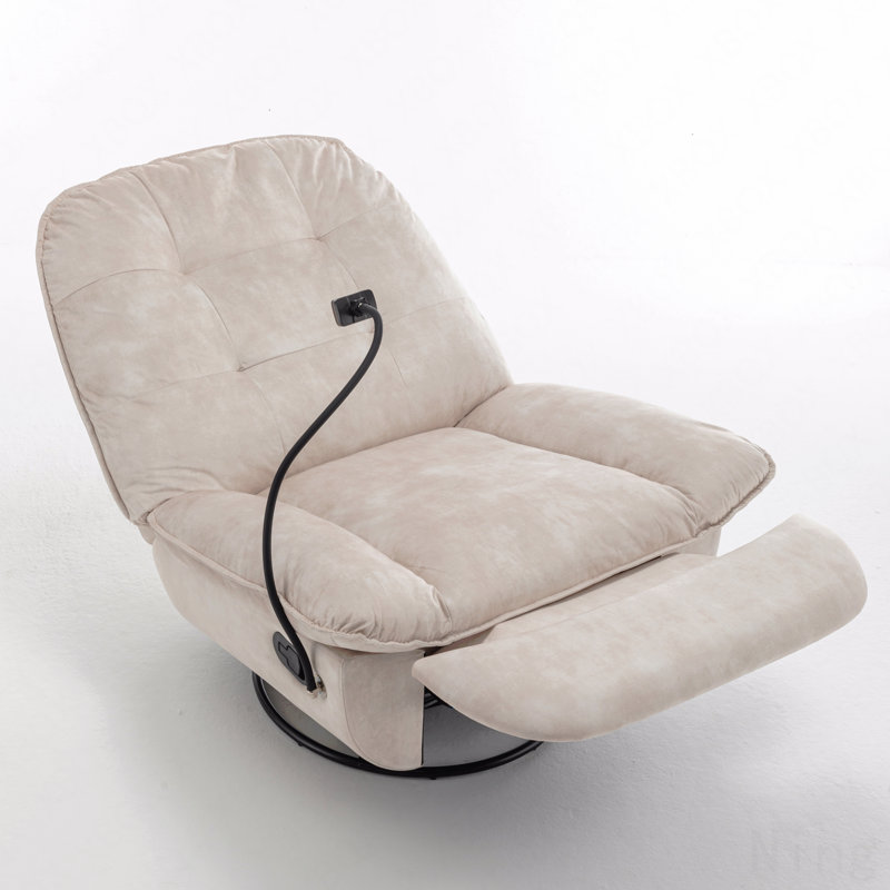 Ivory Gold-Stamped Velvet Swivel Gliding Rocker Recliner - Phone Holder, Reading Chair, Ivory