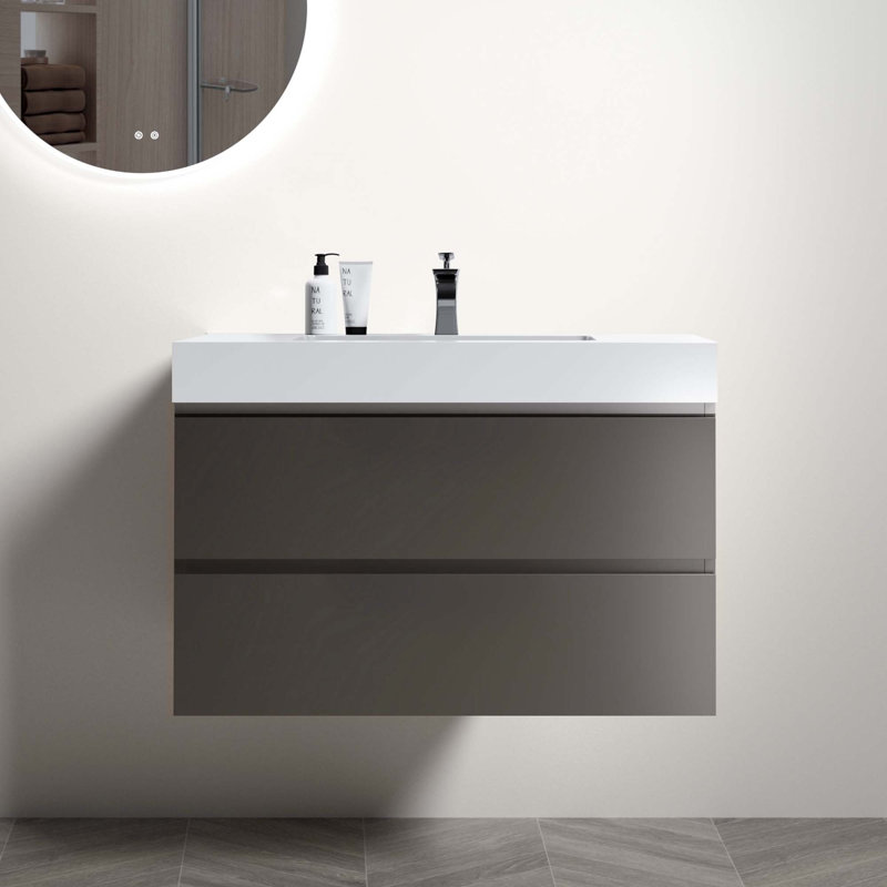 Grand meuble-lavabo mural moderne avec lavabo sans drain et robinet Modern H 25,2 po x l 35,8 po x P 18,1 po