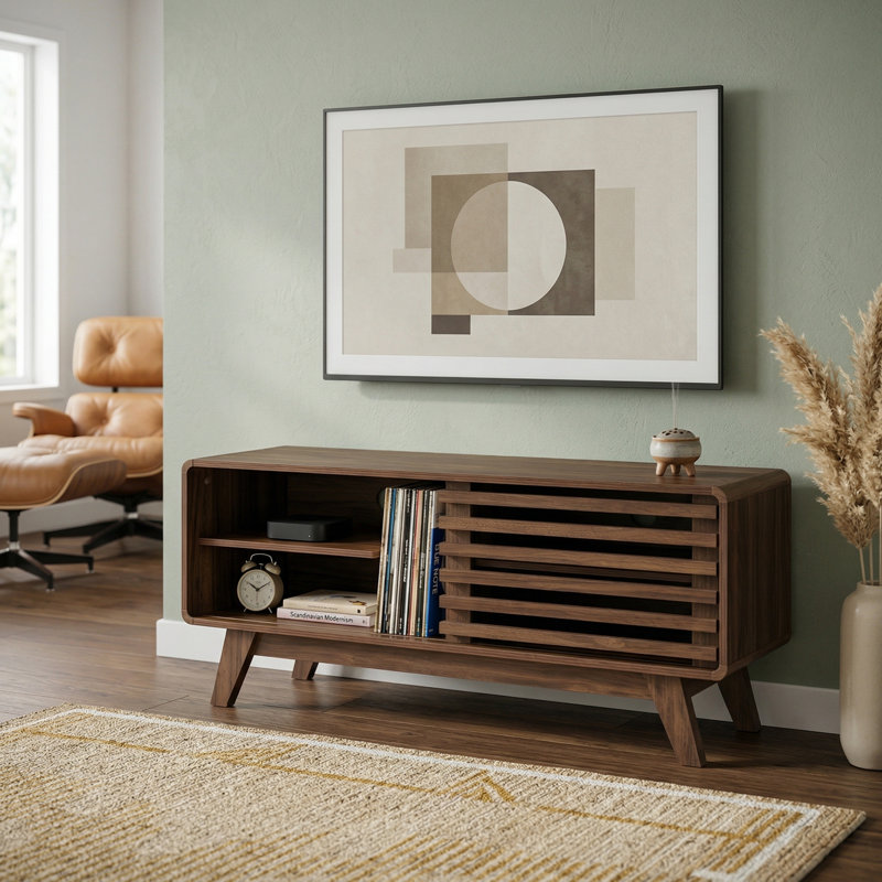Meuble télé de style Mid-Century moderne en noyer de 46 po avec porte coulissante à lattes et console multimédia pour le salon