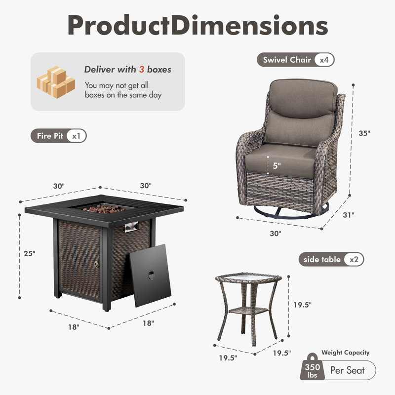 Ensemble de sièges d'extérieur en osier pour 4 personnes avec chaises pivotantes et table d'appoint, Gris, Gris
