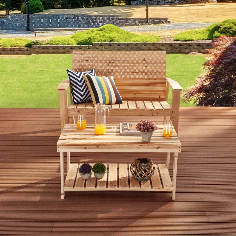 2-Piece Wood Patio Conversation Set With Bench And Slatted Coffee Table
