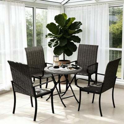 Chaises de salle à manger à dossier haut avec accoudoirs, 4 places, en polyéthylène tissé à la main, structure en acier inoxydable, marron, pour usage intérieur et extérieur, dimensions hors tout : 60 cm (l) x 68 cm (p) x 103 cm (h), dimensions du siège : 51 cm (l) x 48 cm (p) x 44 cm (h), capacité de charge : 120 kg, assemblage requis