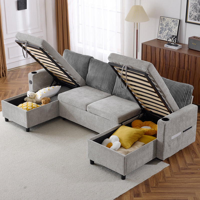 113.4" Sectional Sofa Pull-Out Sofa Bed Versatile Sofa Sleeper With Large Storage Space, Gray