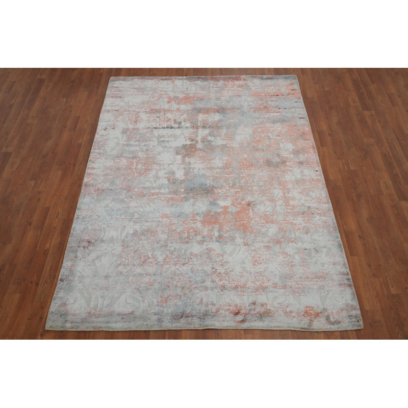 Tapis texturé artistique 6 x 8 avec rouille moderne et tons argentés