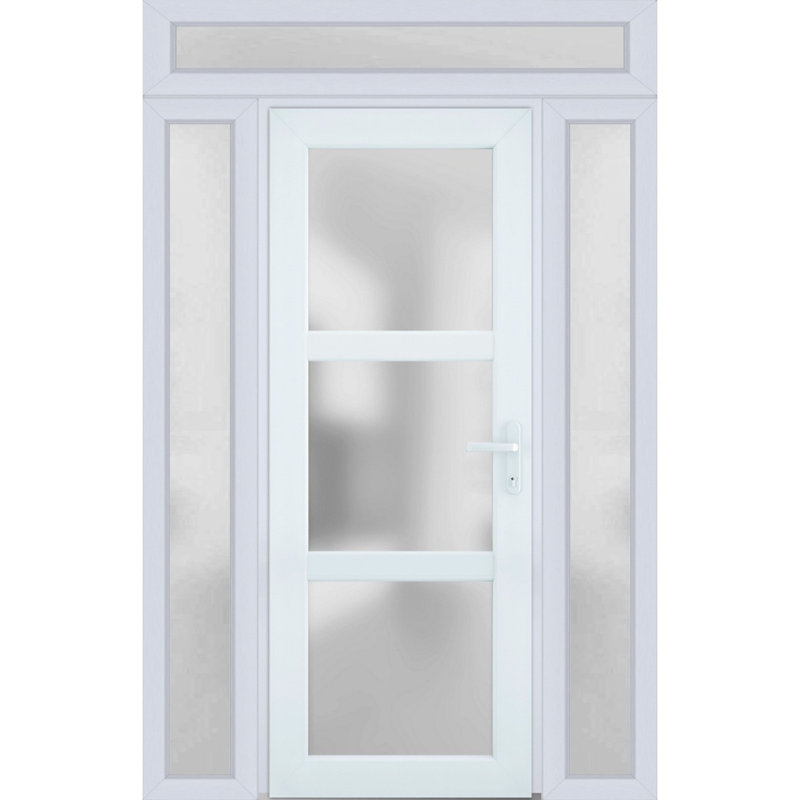 Porte d'entrée extérieure prémontée en PVC-U, verre dépoli, Manux 8552 Blanc Soie, 2 fenêtres latérales et supérieures, portes extérieures pour bureaux, commerces et habitations, entrée, patio, garage - L 40,86 + 91,44 + 40,62 cm x H 203,22 + 35,66 cm - Ouverture à droite vers l'intérieur