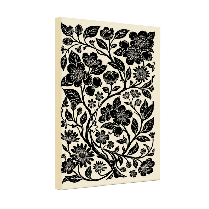 Plantes et fleurs à motif floral noir sur fond crème, H 24 po x l 16 po