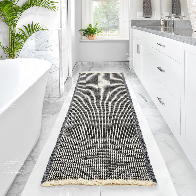 Upgraded Waffle Super Absorbent Non Slip Bath Rugs with Tassels for Bathroom Floor, 18"W x 30"L, Yellow/Gray