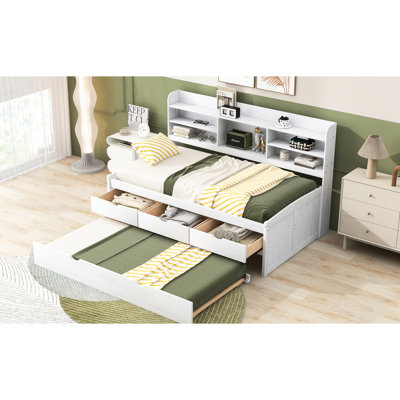 Twin Size Wooden Bed With Built-In Bookcases, 3 Large Storage Drawers And Pull-Out Trundle In White Wash Style Shelf Units, Trundle,