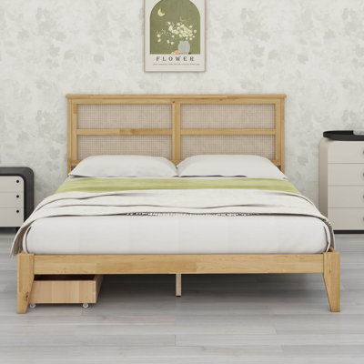 Lit avec tête de lit en rotin, tiroirs de rangement, supports et pieds de soutien améliorés