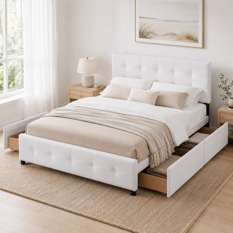 Modern Queen Size Upholstered Platform Storage Bed With Four Drawers, White