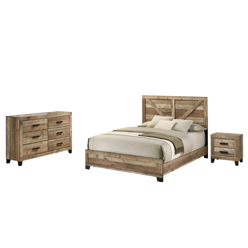 Ensemble de chambre à coucher 3 pièces en pin brun vieilli, Reine