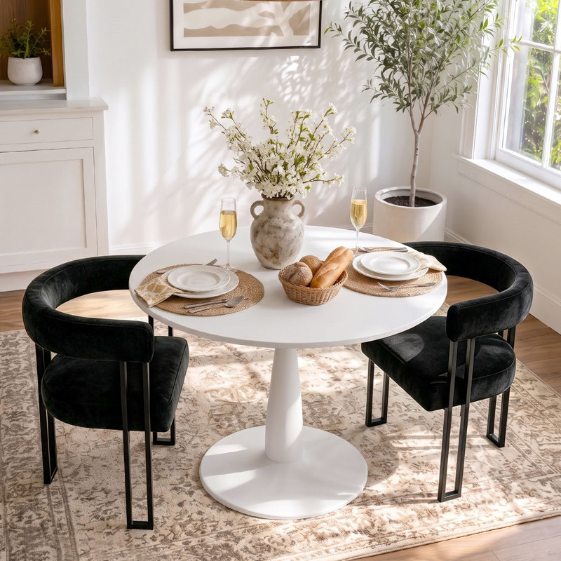 Ensemble de table de salle à manger pour 2 personnes avec table ronde et 2 fauteuils rembourrés en velours, Black/Black