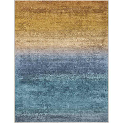 Nuzzo Sunset Vintage Boho Gradient Flat-Weave Blue Gold Area Rug