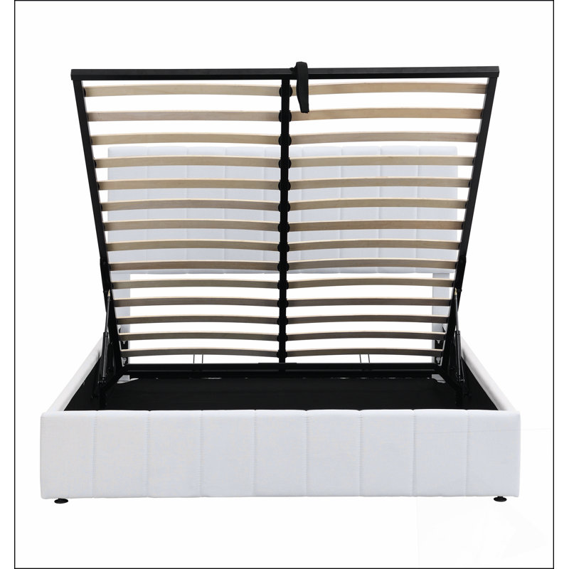 Lit plateforme tapissier avec système de rangement hydraulique, Blanc