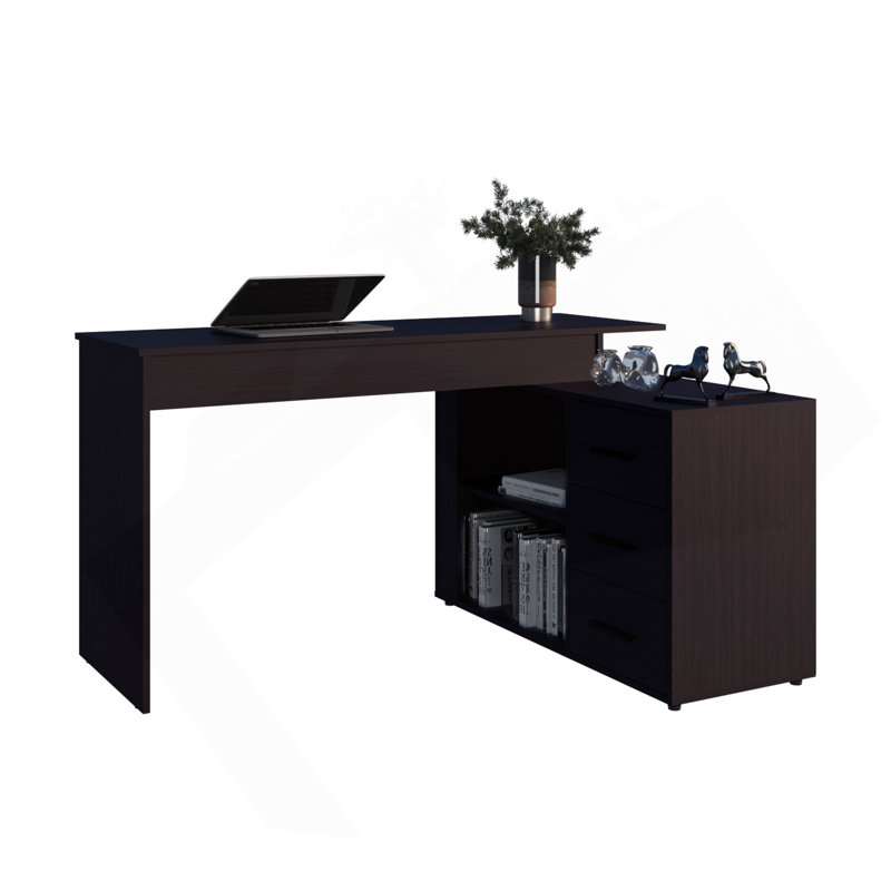 Bureau en L Cornville avec 3 tiroirs et espace de rangement, wengé