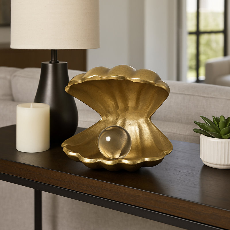 Decorative Clam With Acrylic Pearl Figurine Sculpture - Decorative Object Statue For Home Decor And Living Room Decorations - 5", Gold & Clear