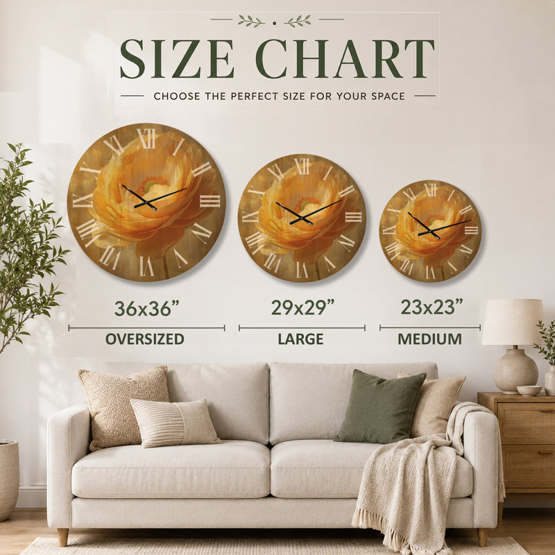 Très grande horloge murale en bois à imprimé floral - lueur de pétales dorés, Large