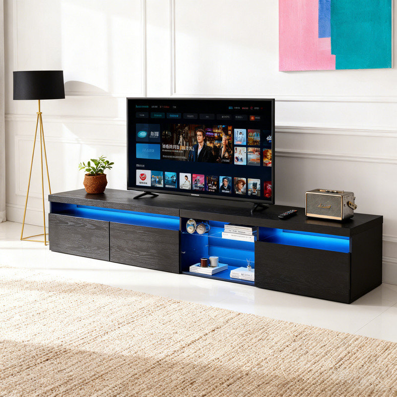 Meuble télé pour téléviseur de 105 po ou moins avec 2 tablettes en verre et lumières DEL contrôlées par une application, console multimédia moderne avec beaucoup de rangement, noir