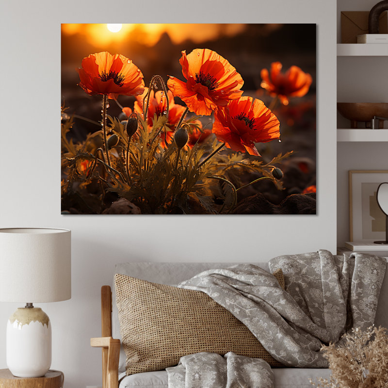 Coucher de soleil coquelicots dans la prairie, Toile tendue, H 30 po x l 40 po