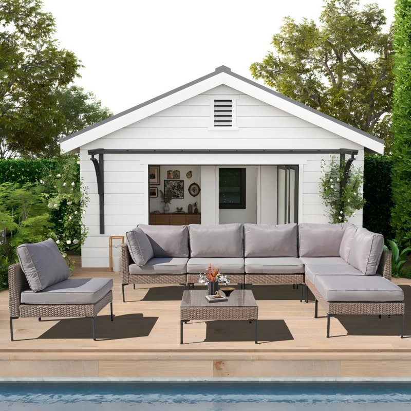 Ensemble de mobilier d'extérieur pour patio - Canapé modulaire en rotin 8 pièces avec table en verre trempé et coussins résistants aux intempéries