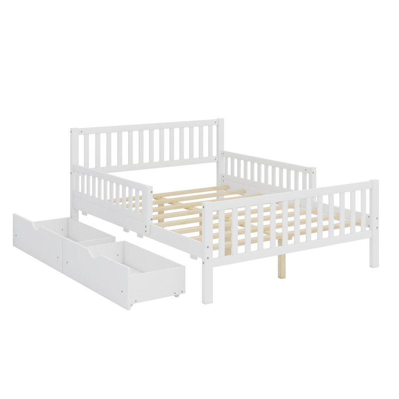 Lit plateforme en bois avec garde-corps des deux côtés et deux tiroirs de rangement, Blanc