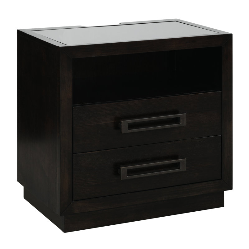 Table de chevet pour chambre à coucher avec 2 compartiments à tiroirs, cadre à DEL, port, finition gris anthracite et plateau en verre