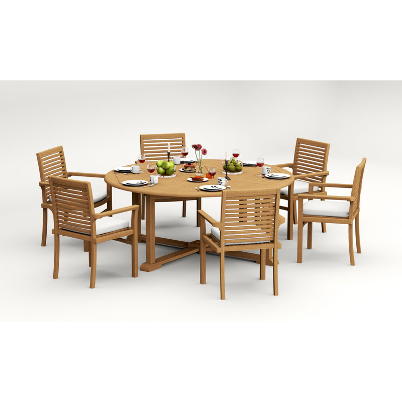 Ensemble de salle à manger 7 pièces en bois de teck de qualité A: table ronde de 72 po et 6 fauteuils empilables # 11MS1706