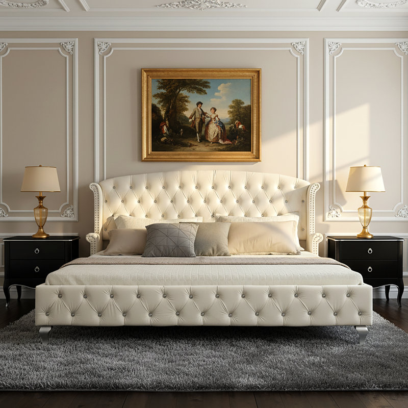 Velora Velvet Upholstered Wingback Platform Bed, Beige