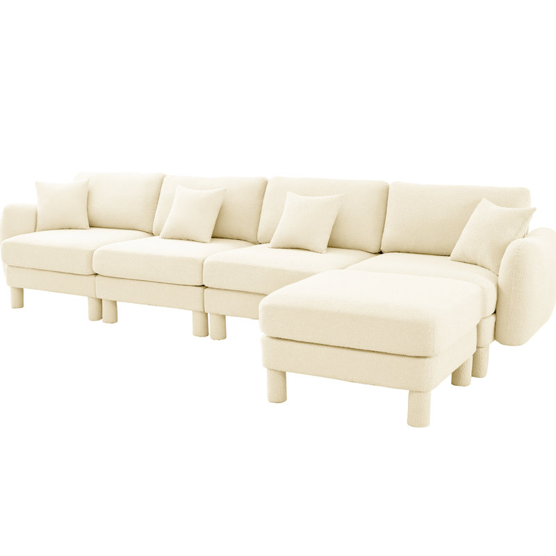 Tissu beige à 4 boucles avec forme en L convertible, pieds distinctifs, amovibles et cylindriques, assise souple pour une utilisation à long terme