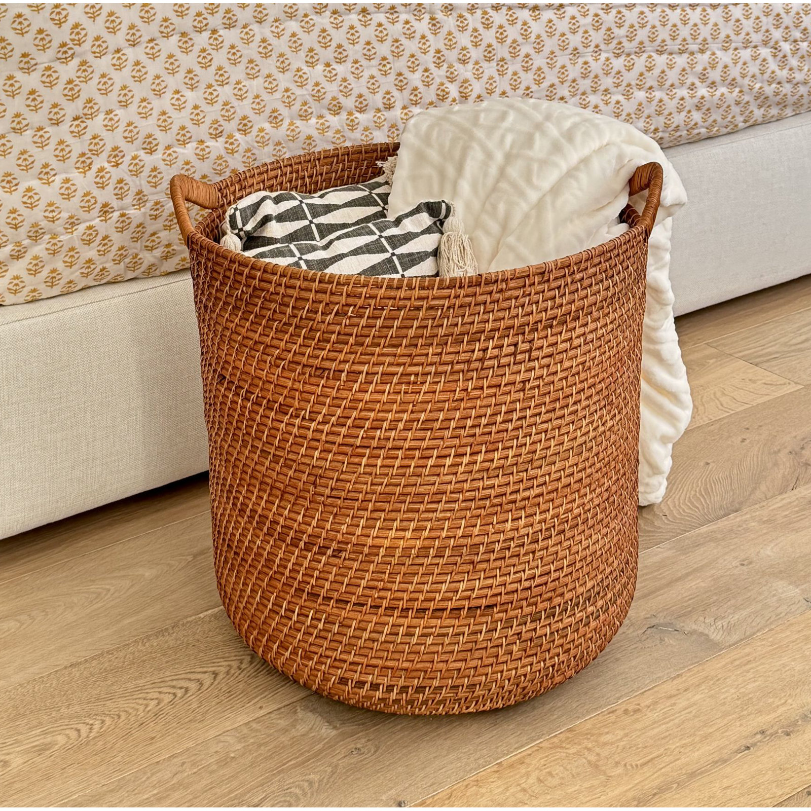 Jettie Rattan Basket With Handles 1, Honey Brown
