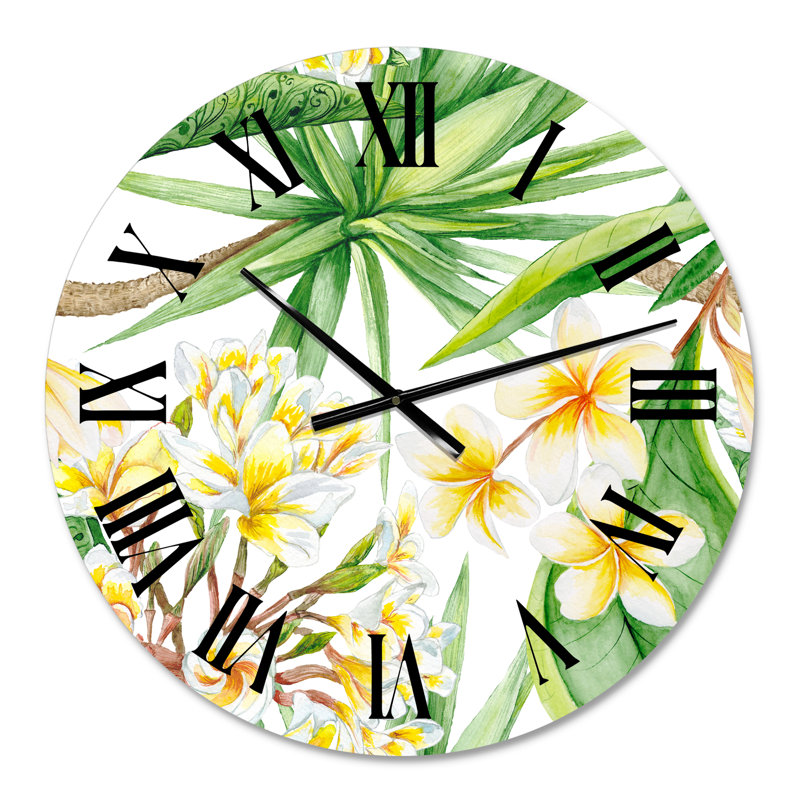 Tropical Foliage And Yellow Flowers I - Modern Wall Clock, Small