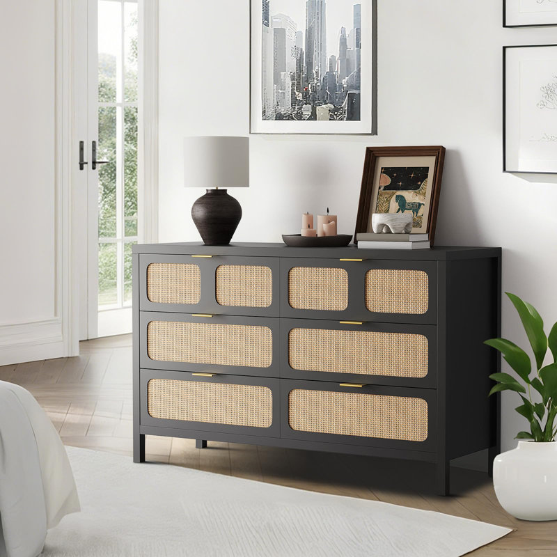 6 Drawer Rattan Dresser for Bedroom, Farmhouse Wood Chest of Drawers with Metal Handles Storage, Black