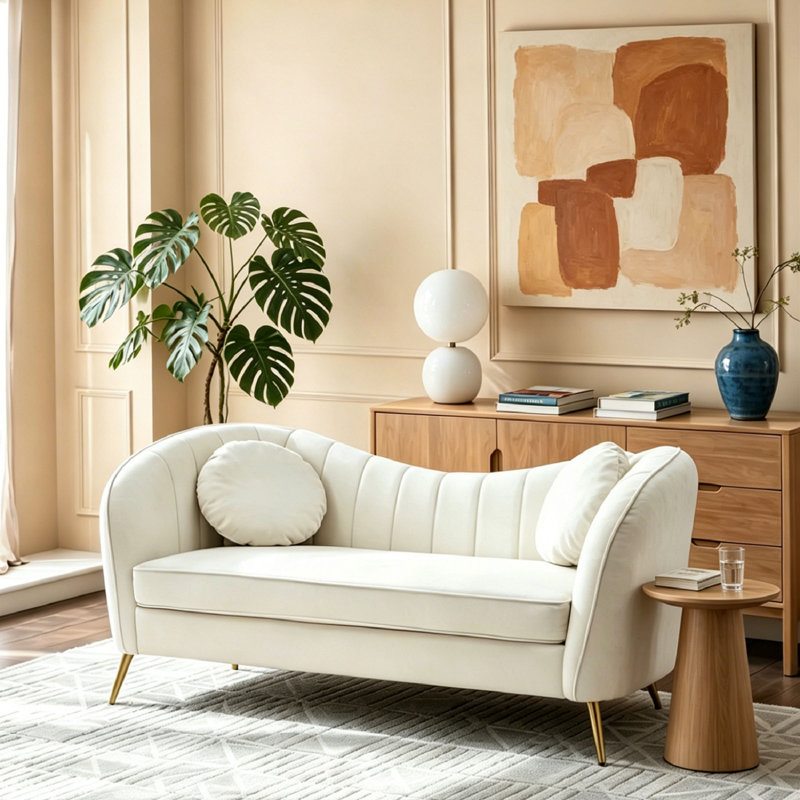 Belice 164cm W 2 Seater Chenille Tufted Sofa with Two Throw Pillows, Beige