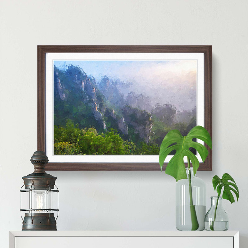 Cascading Mountains in China in Abstract - Picture Frame Painting Print, 36cm H x 48cm W x 2cm D, Walnut Framed