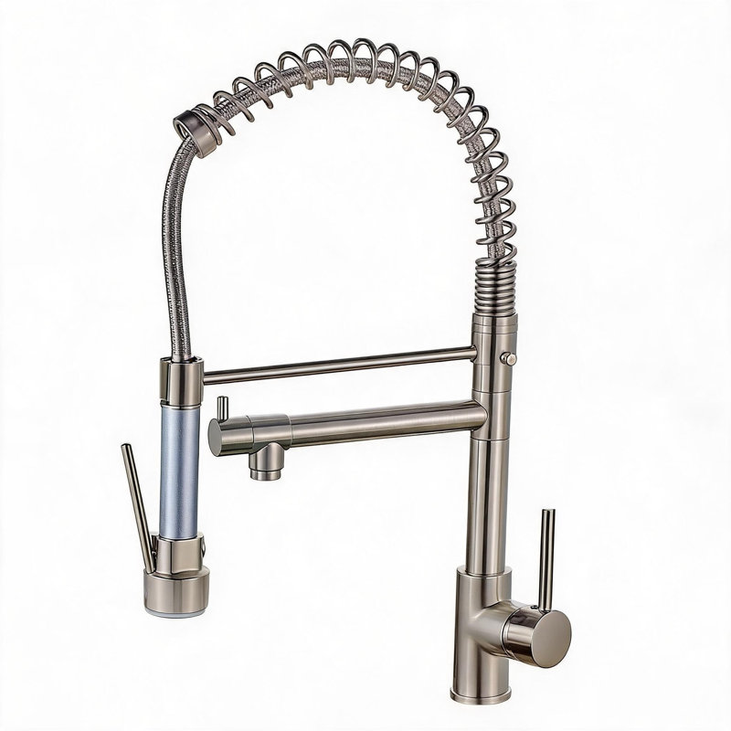 Robinet de cuisine en laiton massif nickel brossé avec douchette rétractable et poignée simple