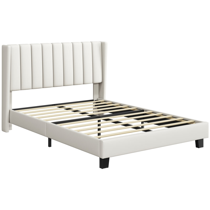 Upholstered Bed Frame with Channel Tufted Headboard, Double (4'6), PU Leather/Cream