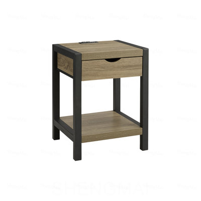 Table d'appoint, h 24 po, table de bout à 2 niveaux, table de chevet, lampe, tiroir de rangement, stratifié chêne noir, métal noir