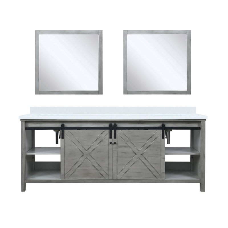 Meuble-lavabo double gris cendre 84 po X P 22 po P, comptoir en quartz blanc et Miroirs