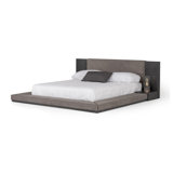 Noe Ruby King Bed Low Height With Built In Nightstands, Grey Upholstery