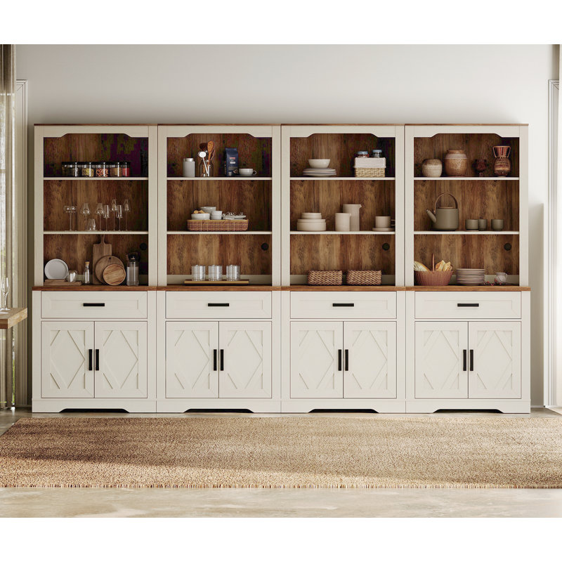 5 Tier Bookcase With Barn Door,73.3" Tall Open Storage Bookshelf,Floor Standing Farmhouse Display Organizer With Drawer And Glass Door For Home Office,Living Room,Cream White