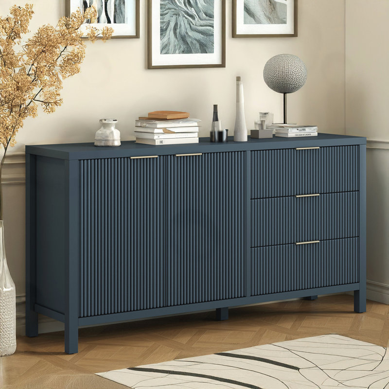 Minimalist Wave-Pattern Sideboard with Functional Storage, Navy Blue
