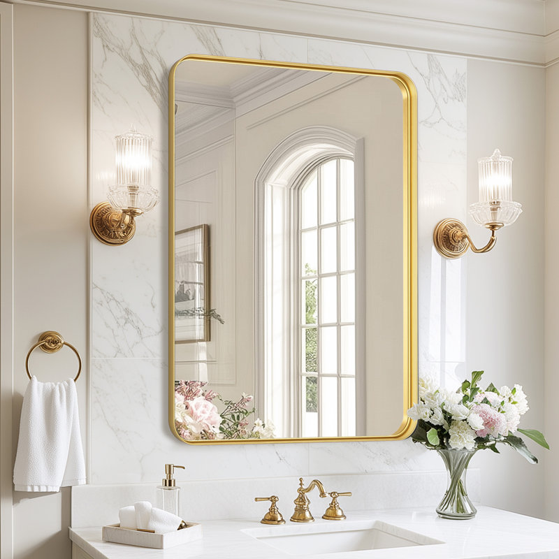 Aluminum Alloy Framed French Cleat Mounted Wall Decor Bathroom Vanity Mirror, Gold, 24'' x 36''