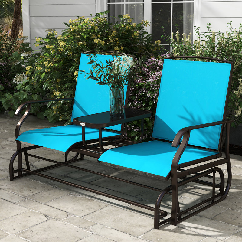 Banc oscillant d'extérieur avec table basse centrale - bleu. Cadre en métal pour la cour. Filet respirant, 264 lb Nombre de places assises, patio à double glissement, bleu, jardin, porche et balcon