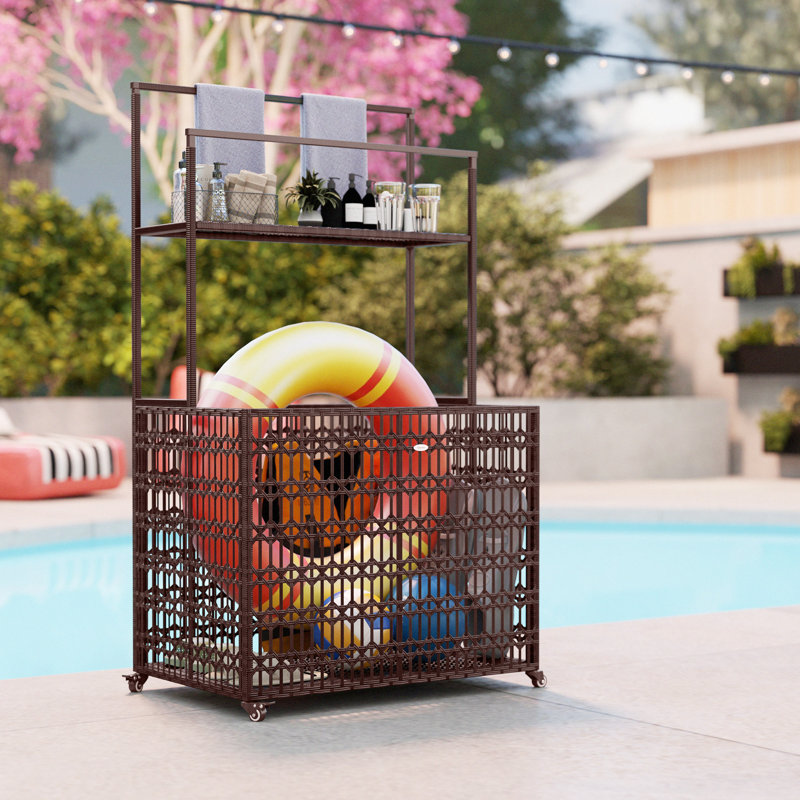 Wicker Pool Float Storage Organizer, PE Rattan Pool Float Holder With Basket Shelf Towel Bars, Rolling Pool Caddy For Floaties, Noodles, Life Vests, Beach Balls, Mixed-Brown