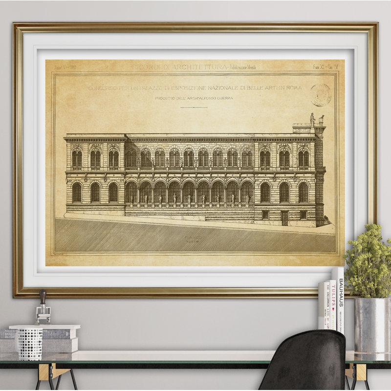 « rétro italien architecture stencil v », impression, H 18 po x l 27 po x P 1,5 po, Cadre doré