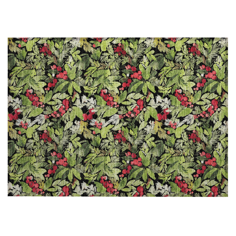 Machine Washable Indoor/Outdoor Christmas Cherries Xhevrie Black Rug