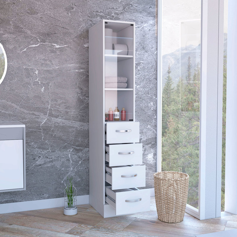 Linen Cabinet 68" H, Three Shelves, Four Drawers And Metal Handles, White, Satin