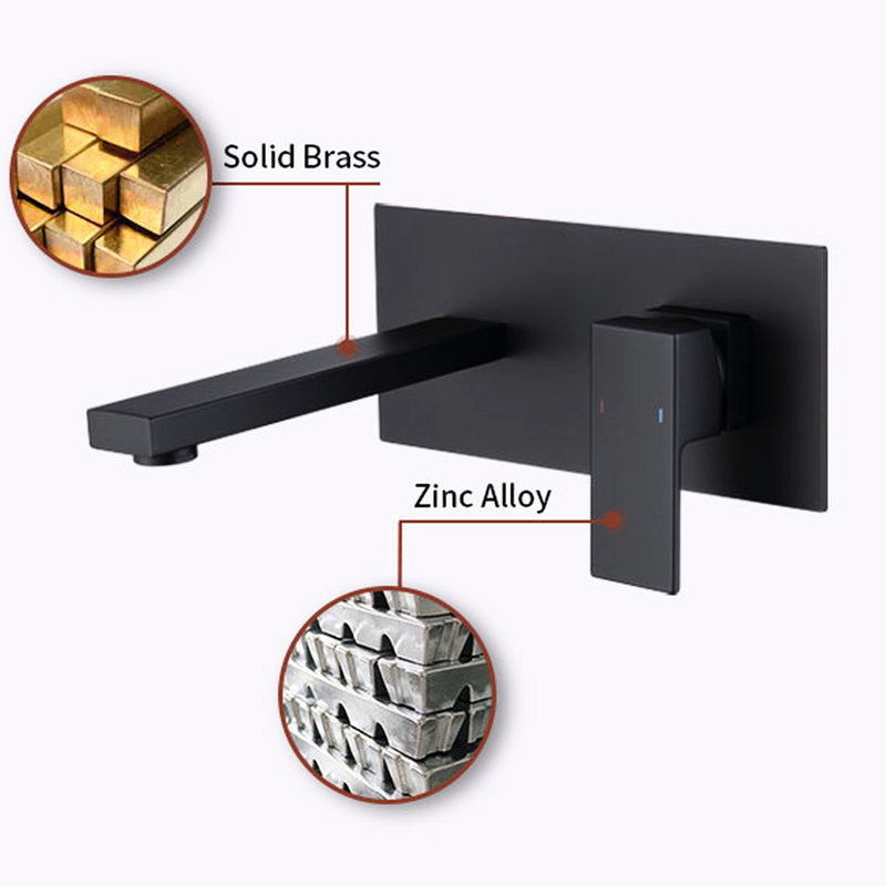 Bathroom Wall Mount Faucet, Matte Black, Solid Brass, 2 Hole Single Lever Handle, Water Bubble Aerator Spout, 1 Inch Spout Height, Drip- Cartridge Handle Holes, 10.4 In. Product Width