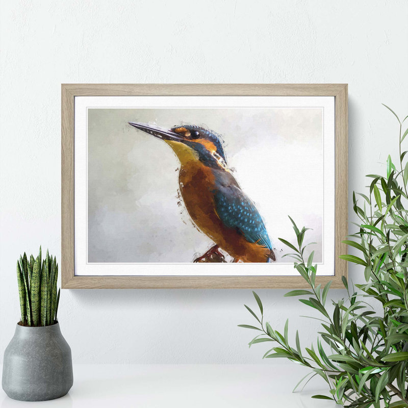 Graceful Kingfisher Bird in Abstract - Picture Frame Painting Print on MDF, Oak Framed, 48cm H x 65cm W x 2cm D