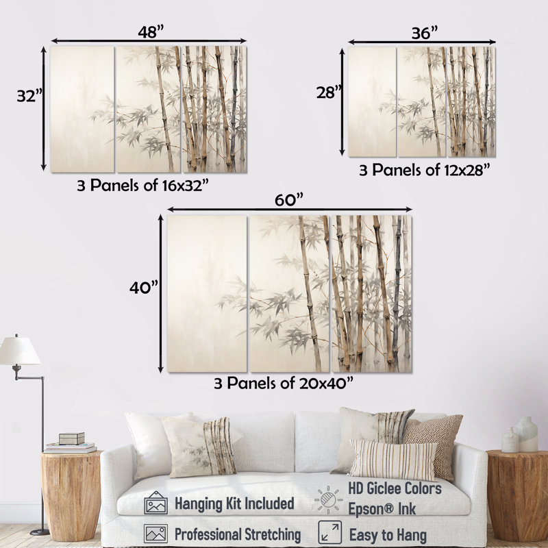 Ensemble de décoration murale beige en bambou minimalisme Serenity IV, Toile tendue, H 32 po x l 48 po x P 1 po